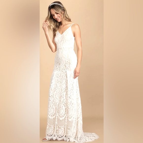 Lulus Flynn Antique White Over Nude Embroidered Lace Wedding Dress w Mini Train - Picture 4 of 15